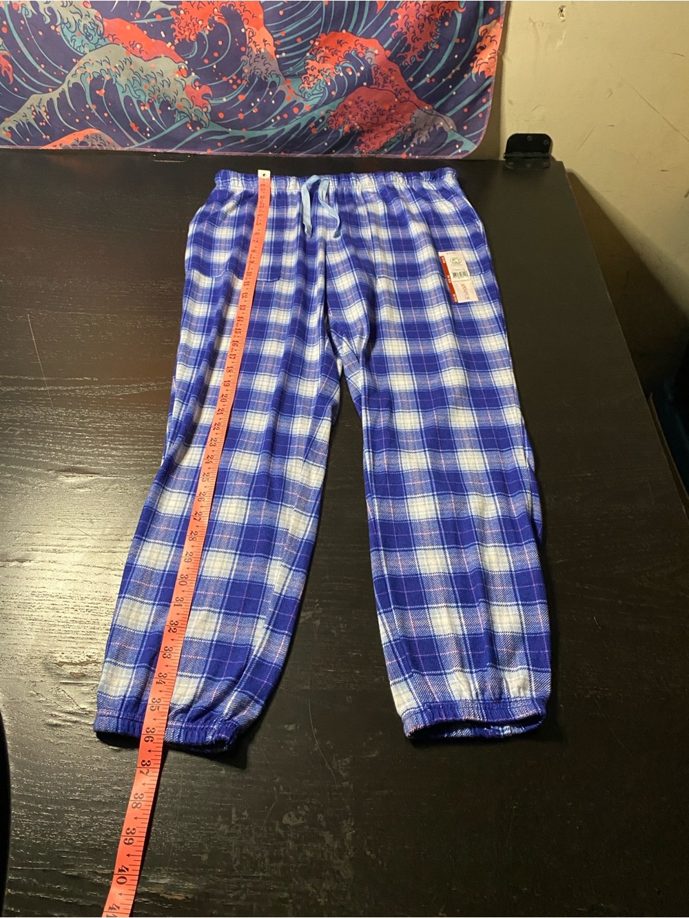 Women's Blue Plaid Pajama Pants with Elastic Waist - Picture 4 of 5